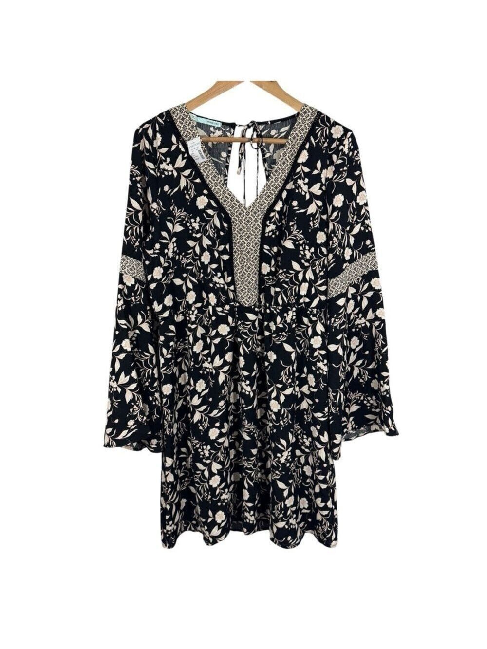 Maurices Dark Floral Bell Sleeve Dress Sz L Black Short Relaxed Flowy Boho NWT